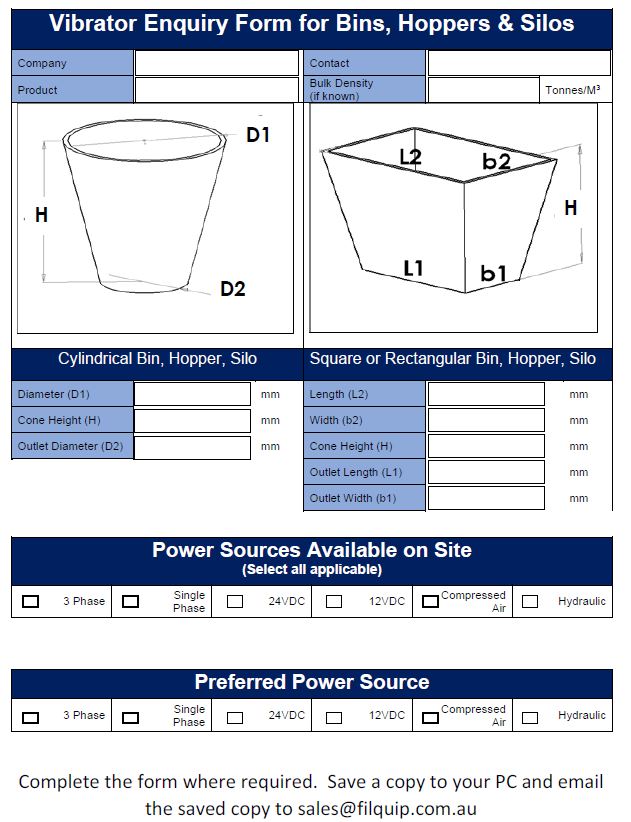 Filquip Vibrator Sizing Form